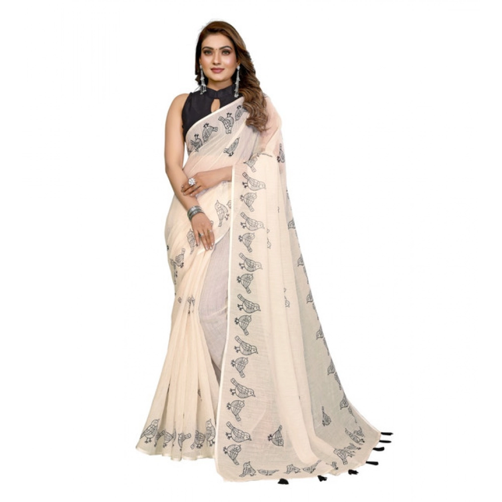 Women's Linen Cotton Printed Saree With Unstitched Blouse 5.5Mtr image 5