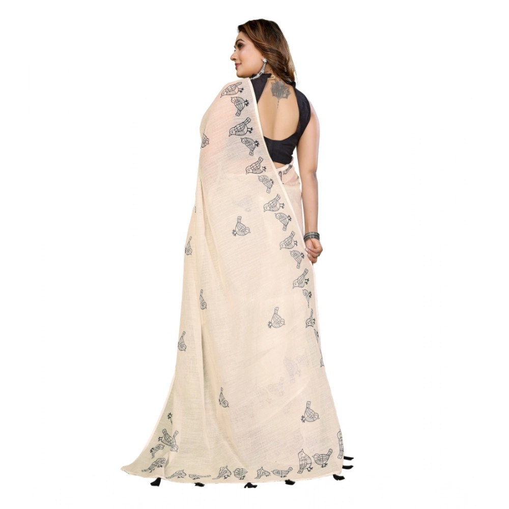 Women's Linen Cotton Printed Saree With Unstitched Blouse 5.5Mtr image 4