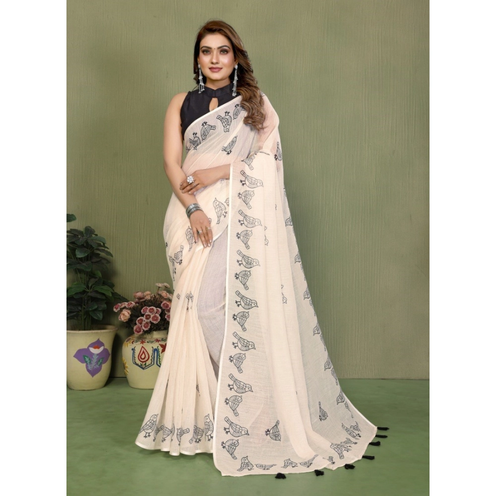 Women's Linen Cotton Printed Saree With Unstitched Blouse 5.5Mtr image 2